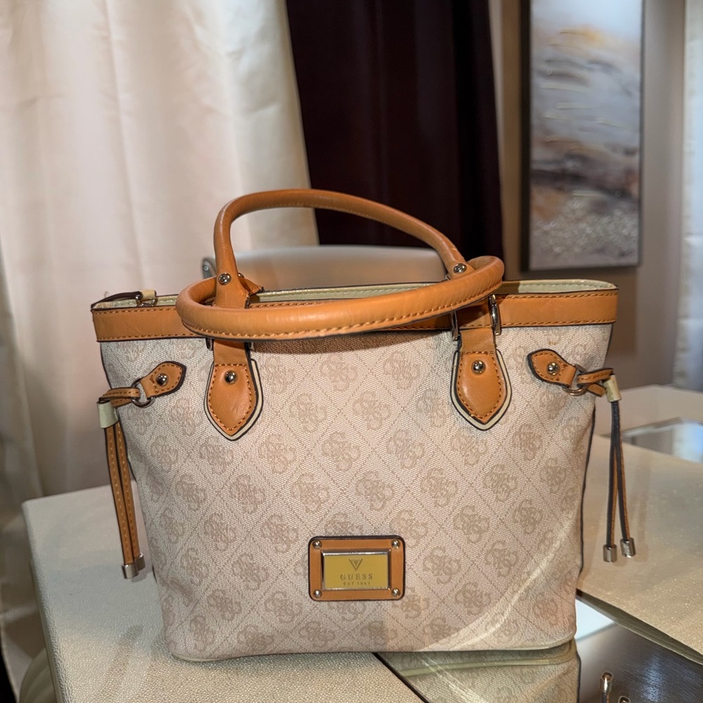 GUESS Beige Monogram Tote with Tan Trim